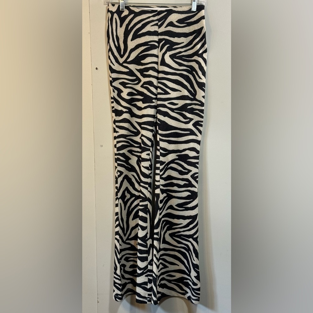 Women's Pull-on Zebra Print Bell Bottom Pants No Tags Measurements In Descr